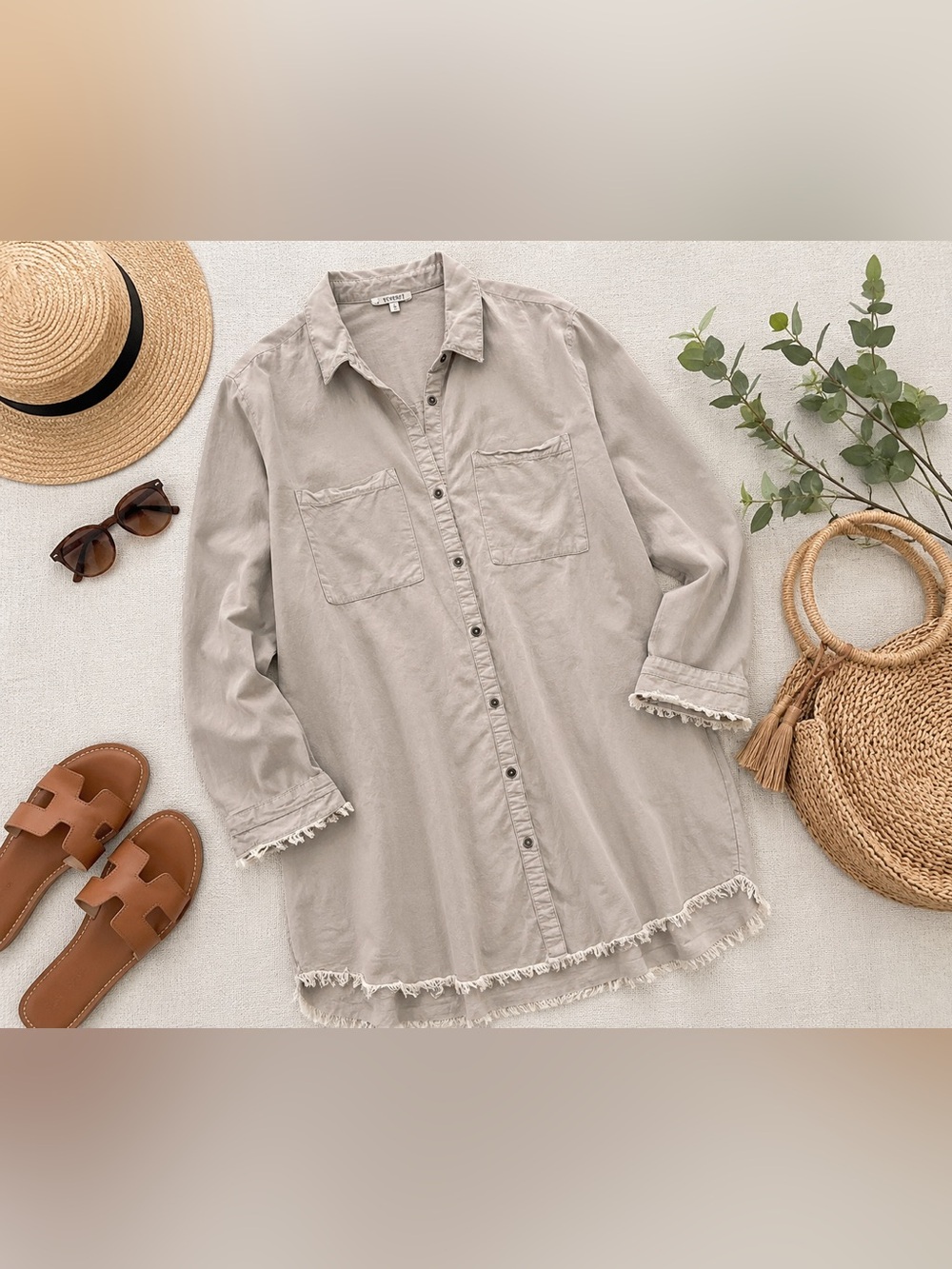 Veveret Large Beige Frayed Hem Button Front Shirt Dress Beach Cover Up Boho